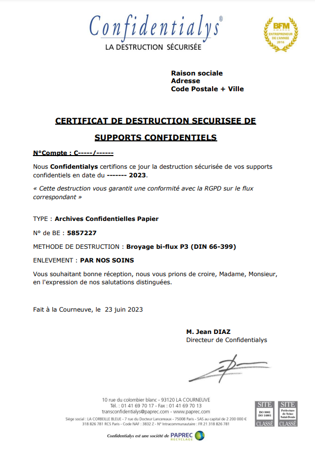 attestation destruction sécurisée